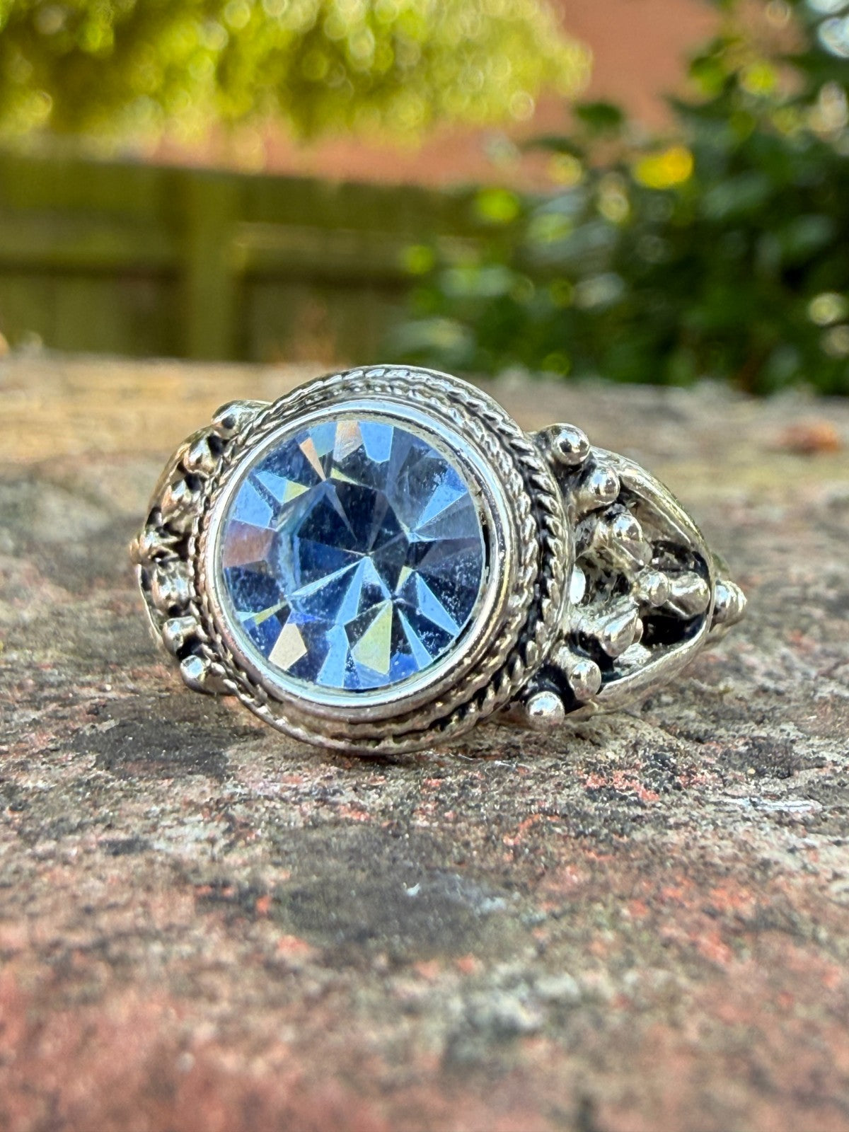 Sparkly Pale Blue Ring Silver Tone Glass Paste Cocktail Statement Size S