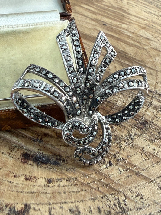 Vintage Silver Marcasite Brooch 1940s Retro Spray Geometric Fan Sparkly Pin