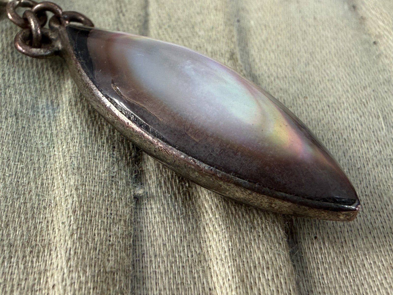 Vintage Silver Tone Double Drop Pendant Grey Mother of Pearl Marquise MOP