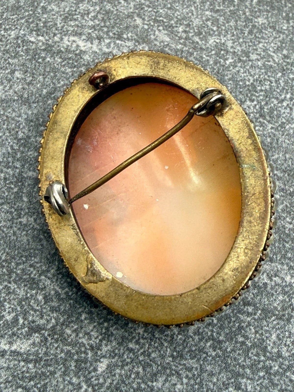 Vintage Gold Tone Shell Cameo Brooch Pin Lady Portrait Faux Seed Pearl Trim