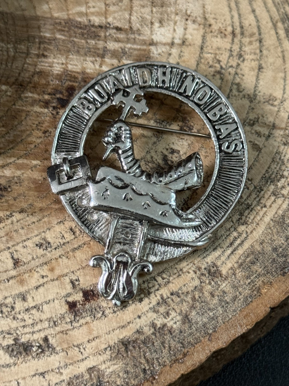 Vintage Clan MacDougall Brooch Silver Tone Scottish Buaich No Bas Motto Badge