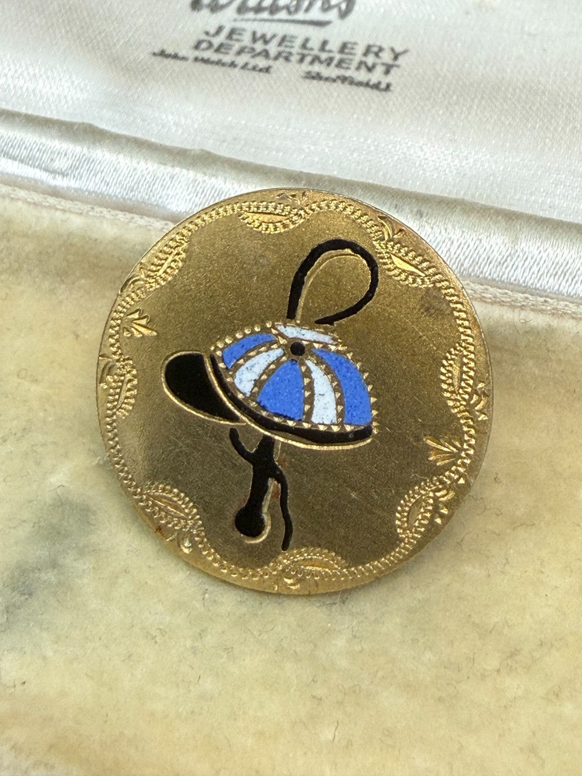 Antique Horse Racing Enamel Lapel Pin Jockey Cap Blue White Equestrian Whip