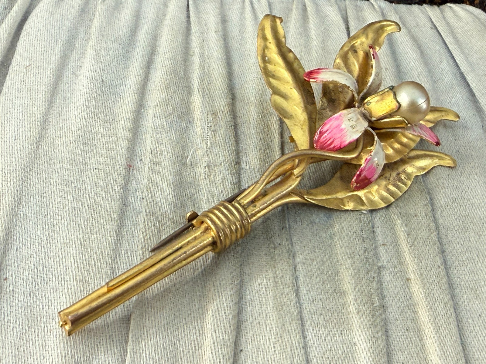 Vintage Orchid Spray Brooch Cold Painted Faux Pearl Floral Mid Century Gold Tone