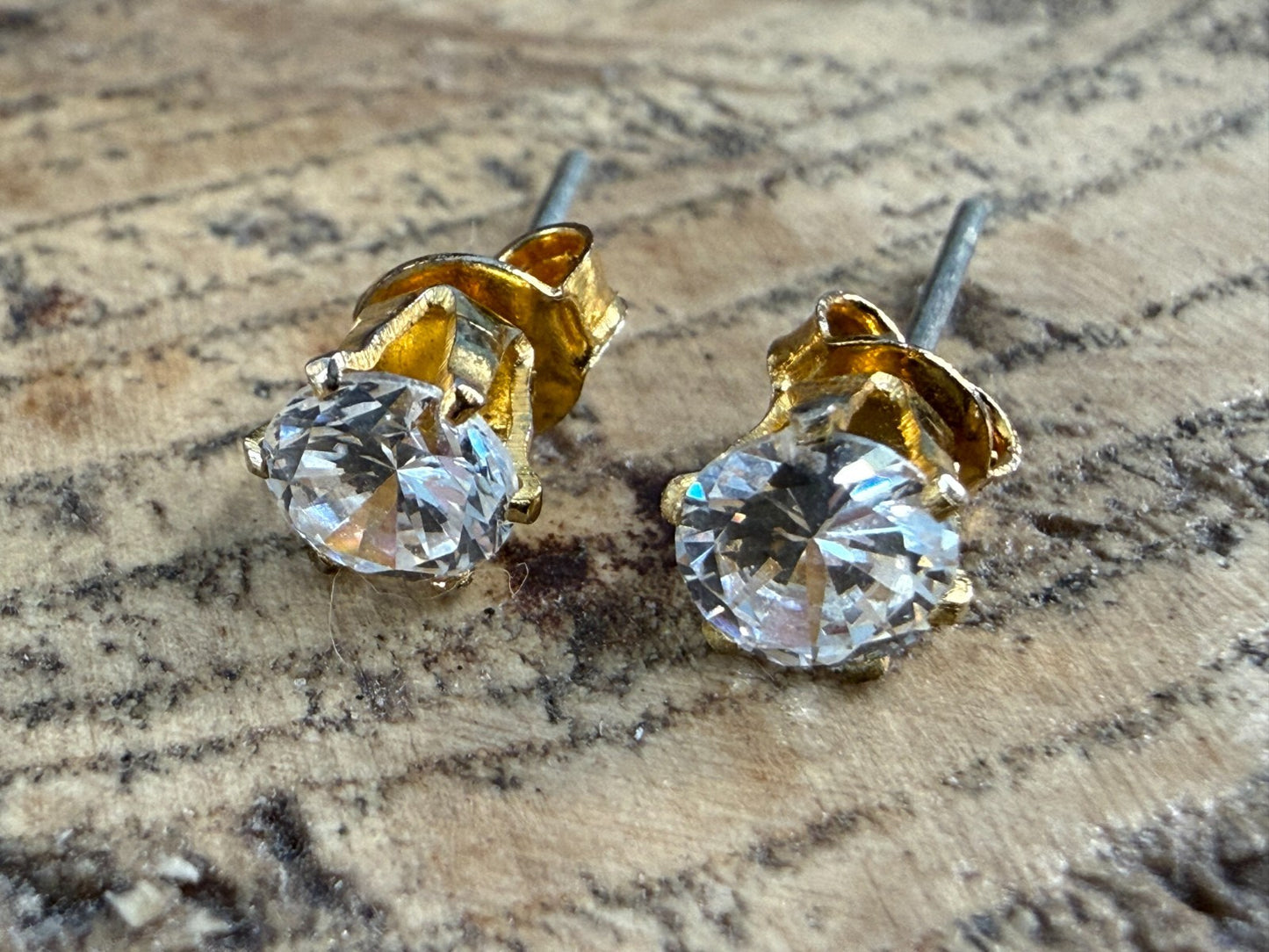 Vintage Goshenite Stud Earrings Gold Tone Round Brilliant Cut White Beryl Studs