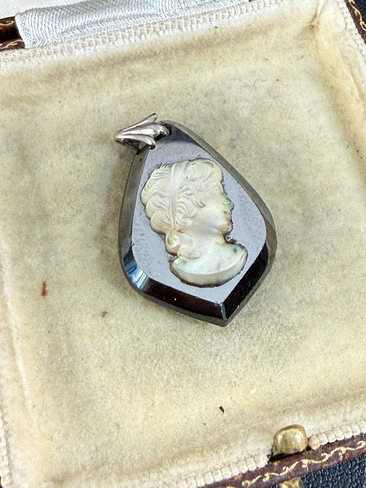 Vintage Hematite Glass Cameo Pendant Classical Female Portrait Silver Tone