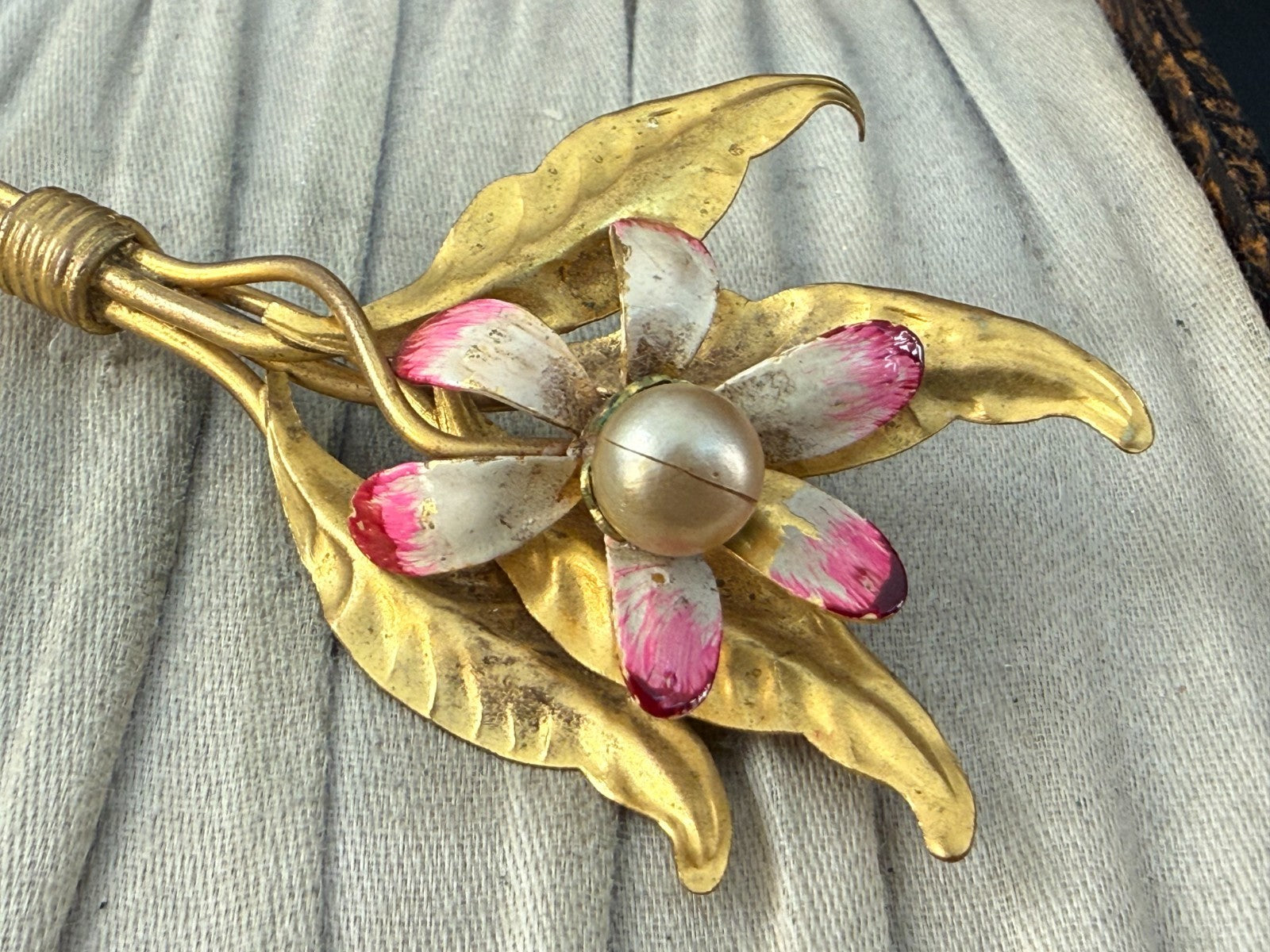 Vintage Orchid Spray Brooch Cold Painted Faux Pearl Floral Mid Century Gold Tone