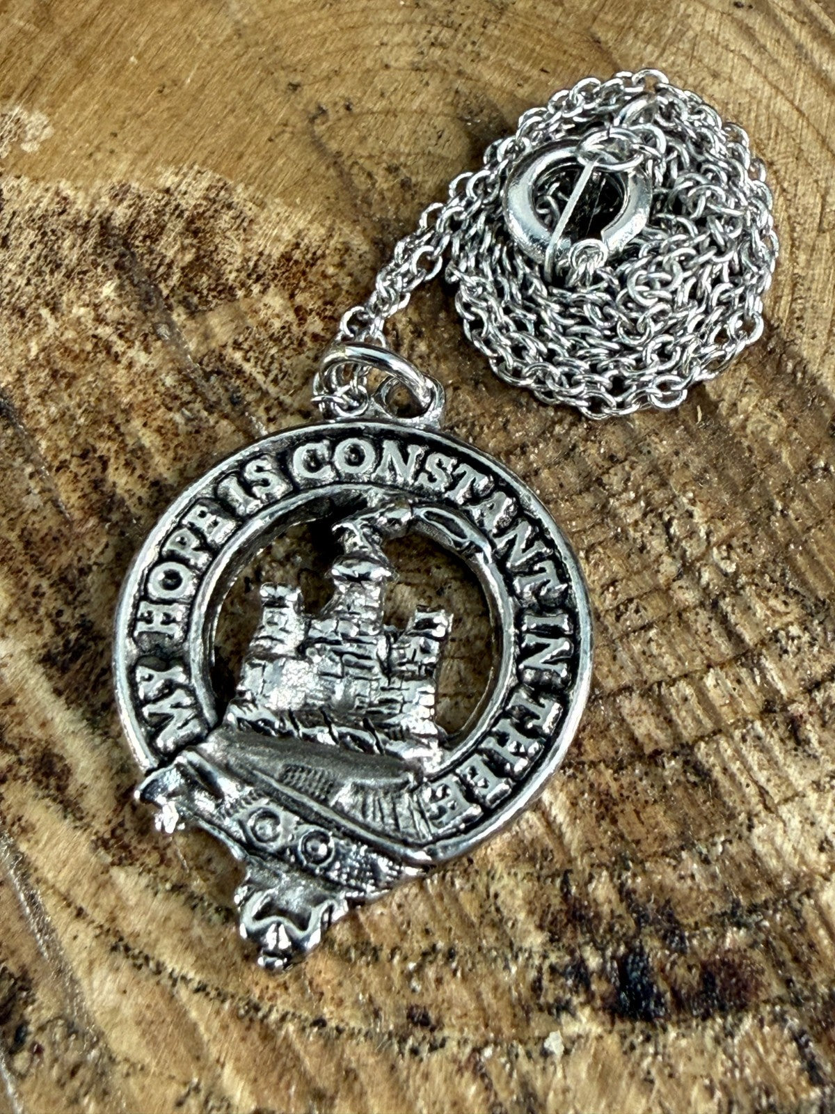 Vintage Silver Tone Clan Douglas Crest Pendant Necklace Scottish Motto Celtic
