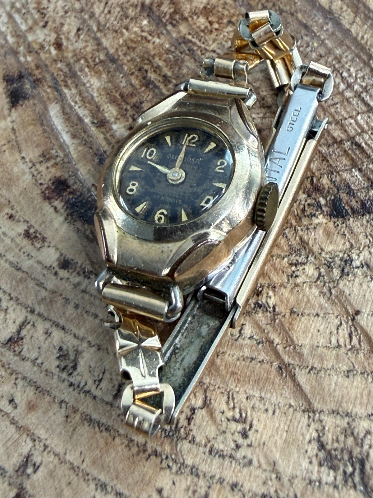 Vintage Gloriosa Ladies Watch Rolled Gold Black Dial 17 Jewel Mechanical