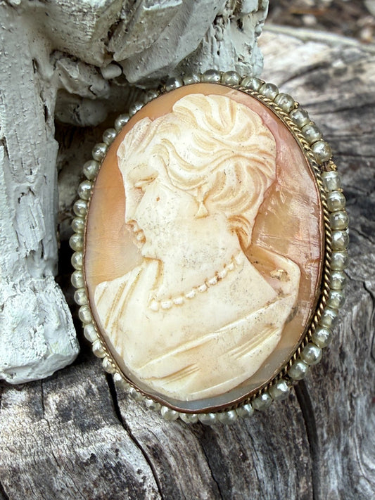 Vintage Gold Tone Shell Cameo Brooch Pin Lady Portrait Faux Seed Pearl Trim