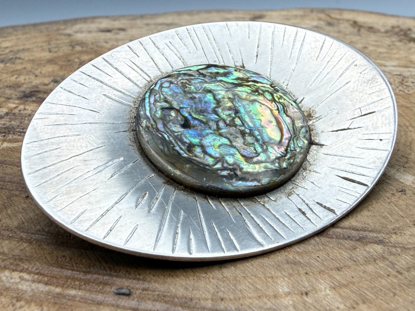 Vintage Modernist Brooch Stainless Steel Peak Sunburst Abalone Shell Pin