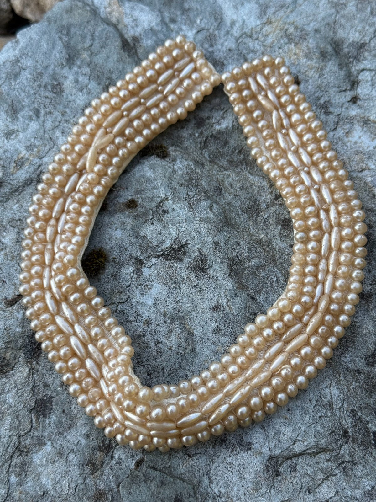 Vintage Cream Faux Pearl Flapper Necklace Collar Bib Style Fabric Mid Century