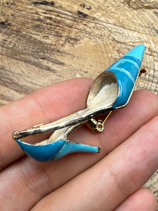 Vintage High Heel Shoe Brooch Blue Enamel Pin Gold Tone Novelty Kitsch Stiletto