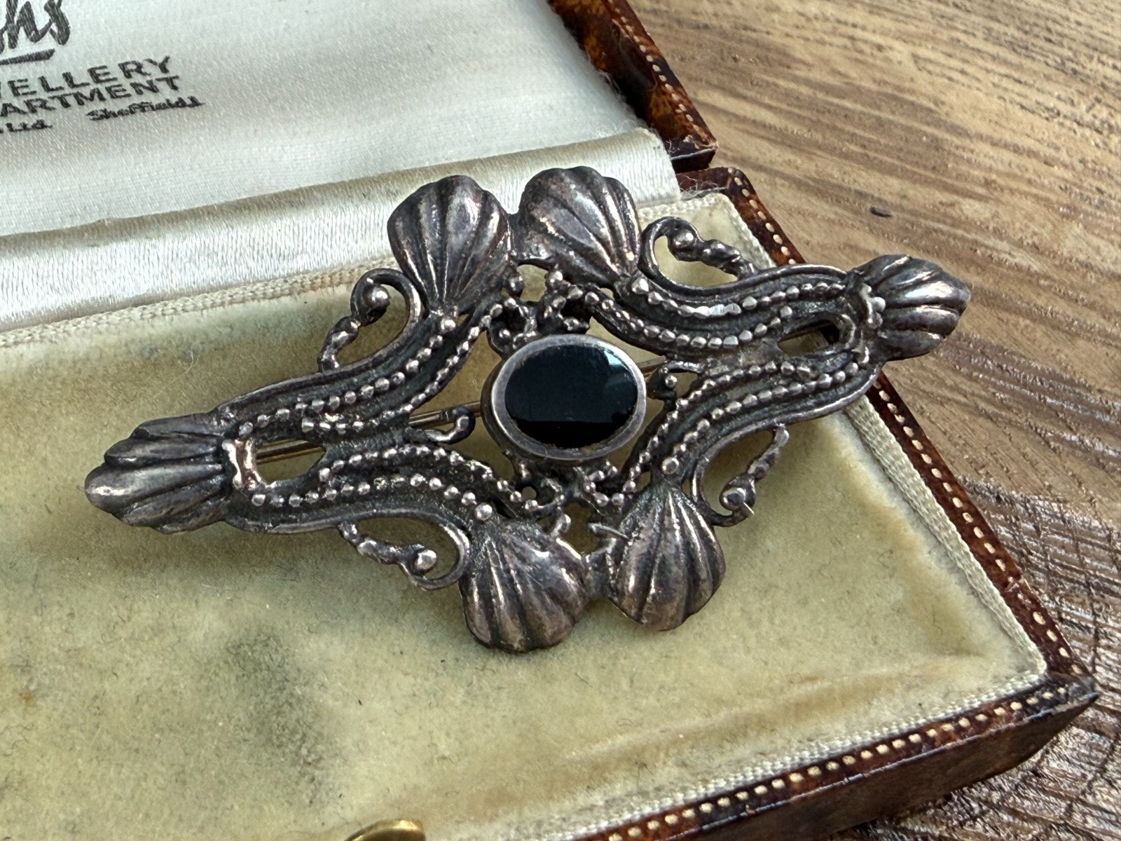 Vintage Silver Brooch Black Onyx Art Nouveau Revival Beaded Scrollwork Pin