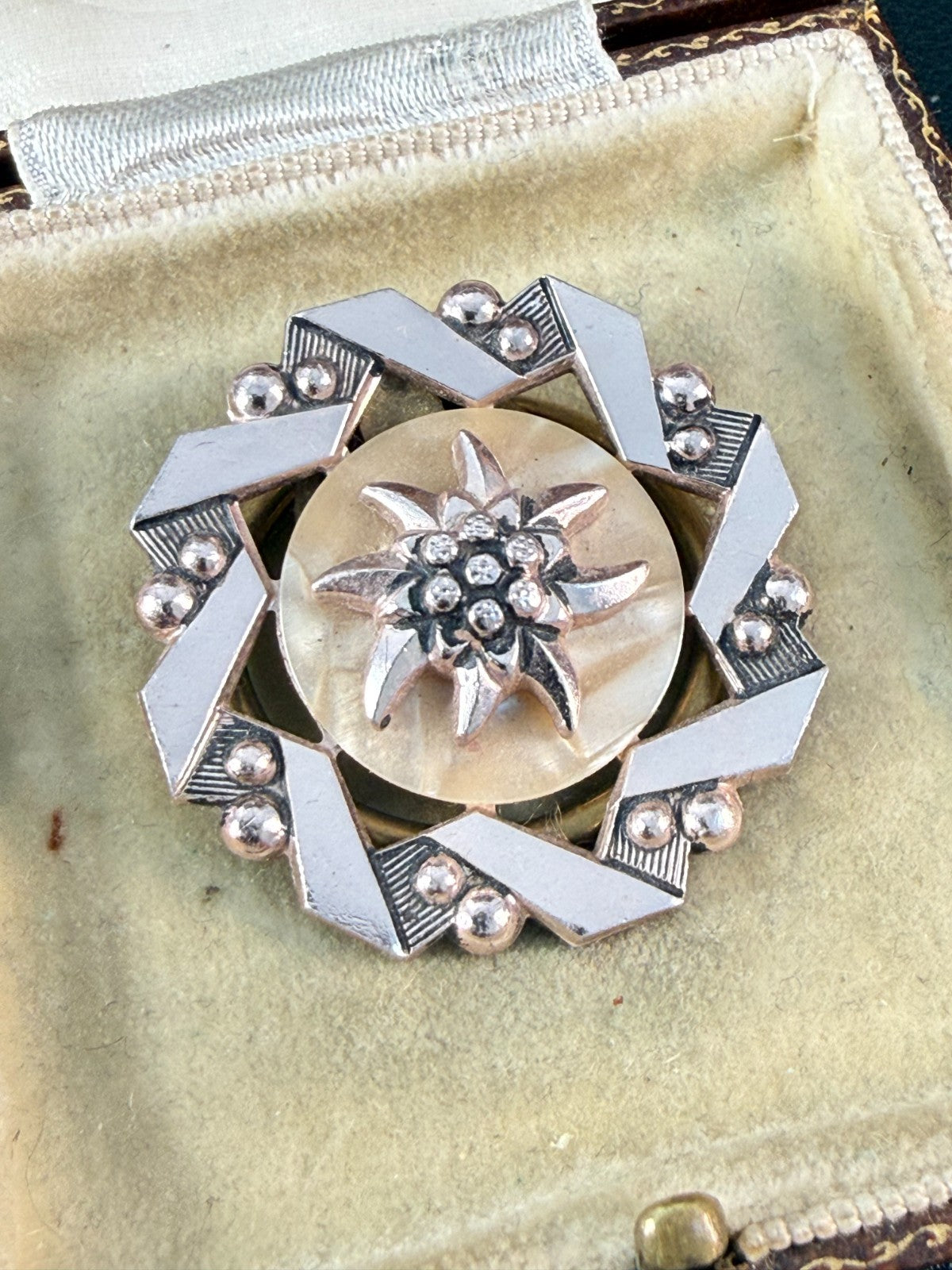 Vintage Edelweiss Scarf Clip Rose Gold Tone Alpine Flower Celluloid Pin