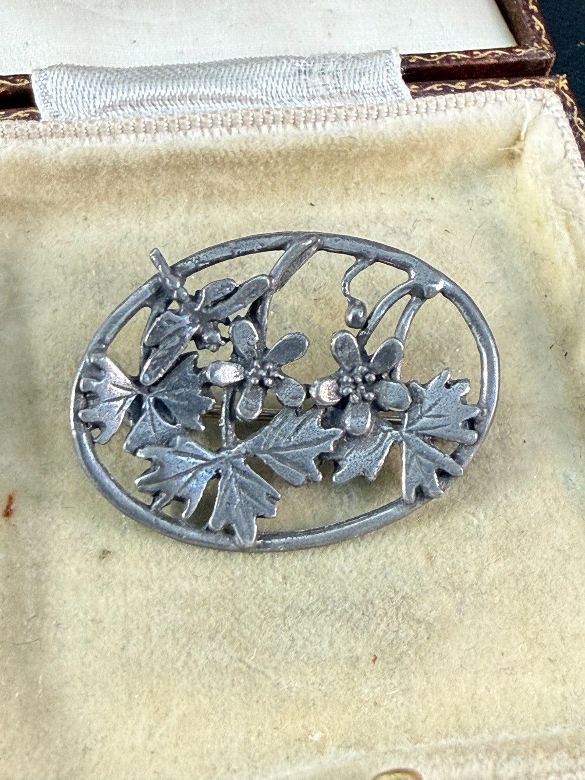 Vintage MASJ Silver Scenes Floral Brooch Pin Plated Pewter Oval Flower Geranium
