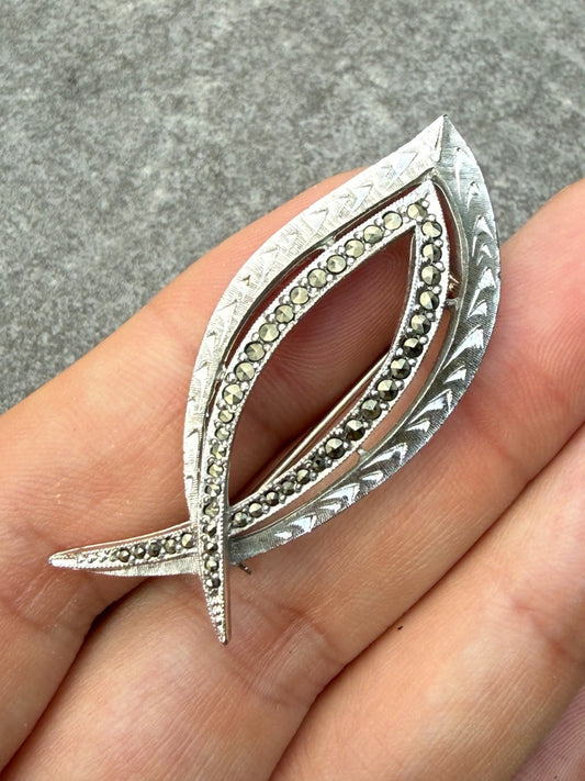 Vintage Sphinx Brooch Silver Tone Diamond Cut Pin Signed Marcasite Sparkly