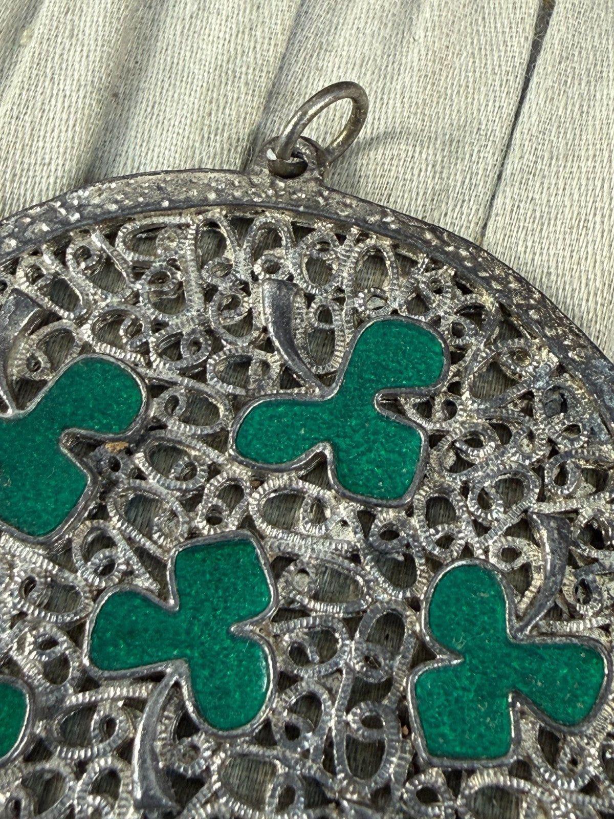 Vintage Silver Tone Shamrock Pendant Green Enamel Openwork Celtic Clover Lucky