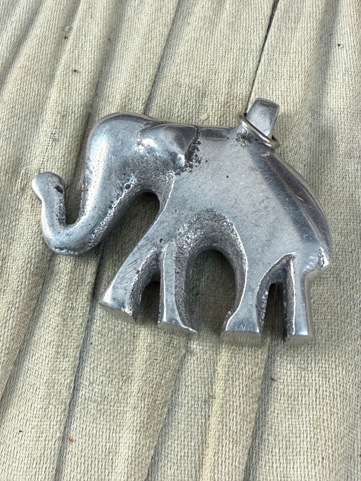 Vintage Elephant Pendant Trunk Up Lucky Charm Large Heavy Cast Silver Tone