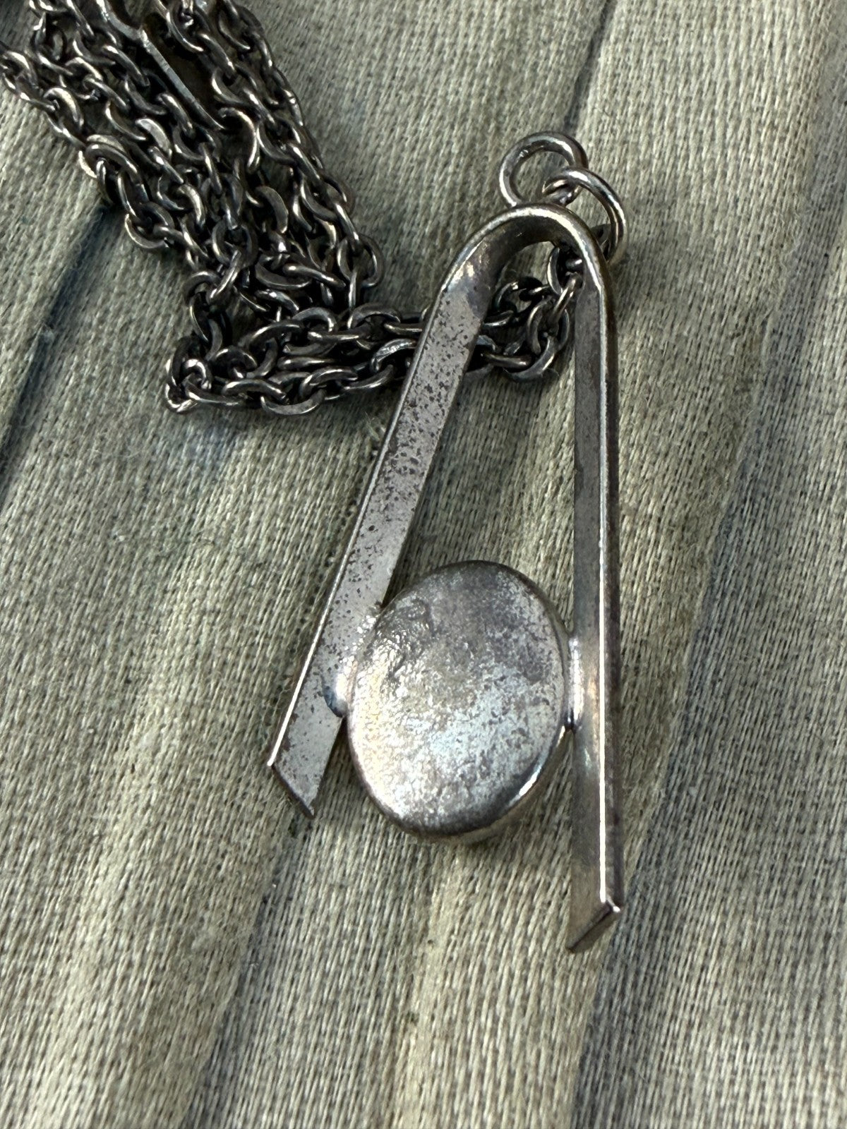Vintage Modernist Pendant Necklace Glass Opal Simulant 1960s Dark Silver Tone