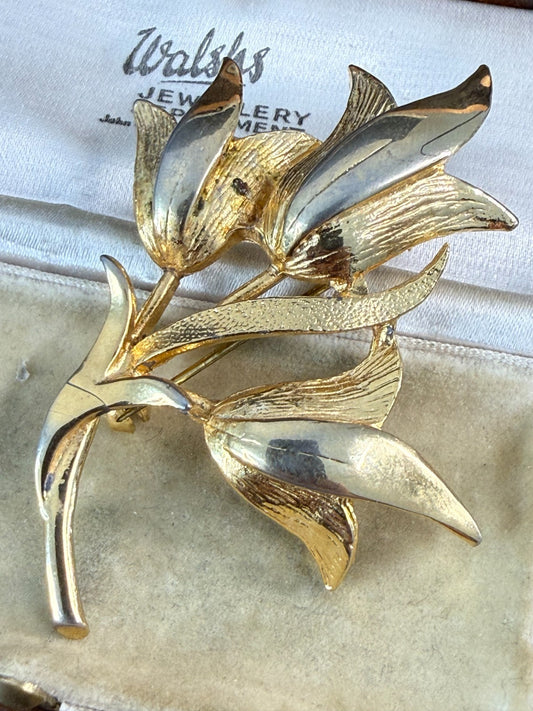 Vintage Flower Brooch Gold Tone Pin Floral Tulip Pin Bouquet 1960s 1970s