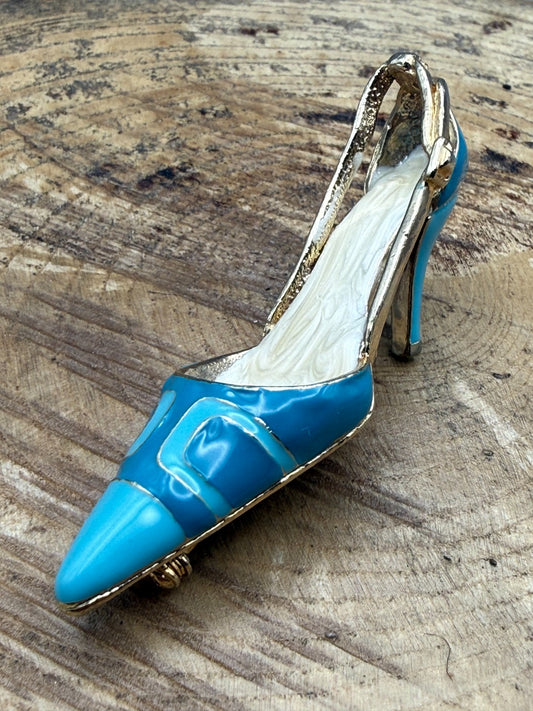 Vintage High Heel Shoe Brooch Blue Enamel Pin Gold Tone Novelty Kitsch Stiletto