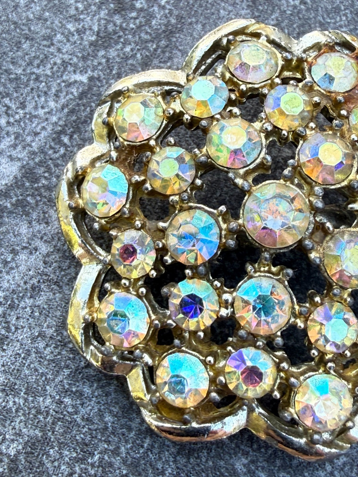 Vintage Yellow Aurora Borealis Brooch Gold Tone Rhinestone Sparkly Mid Century