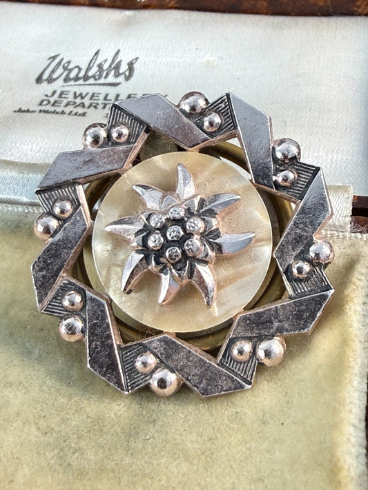 Vintage Edelweiss Scarf Clip Rose Gold Tone Alpine Flower Celluloid Pin