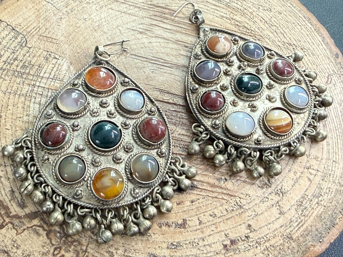 Vintage Tibetan Himalayan Tribal Earrings Agate Silver Tone Bell Drop Dangle