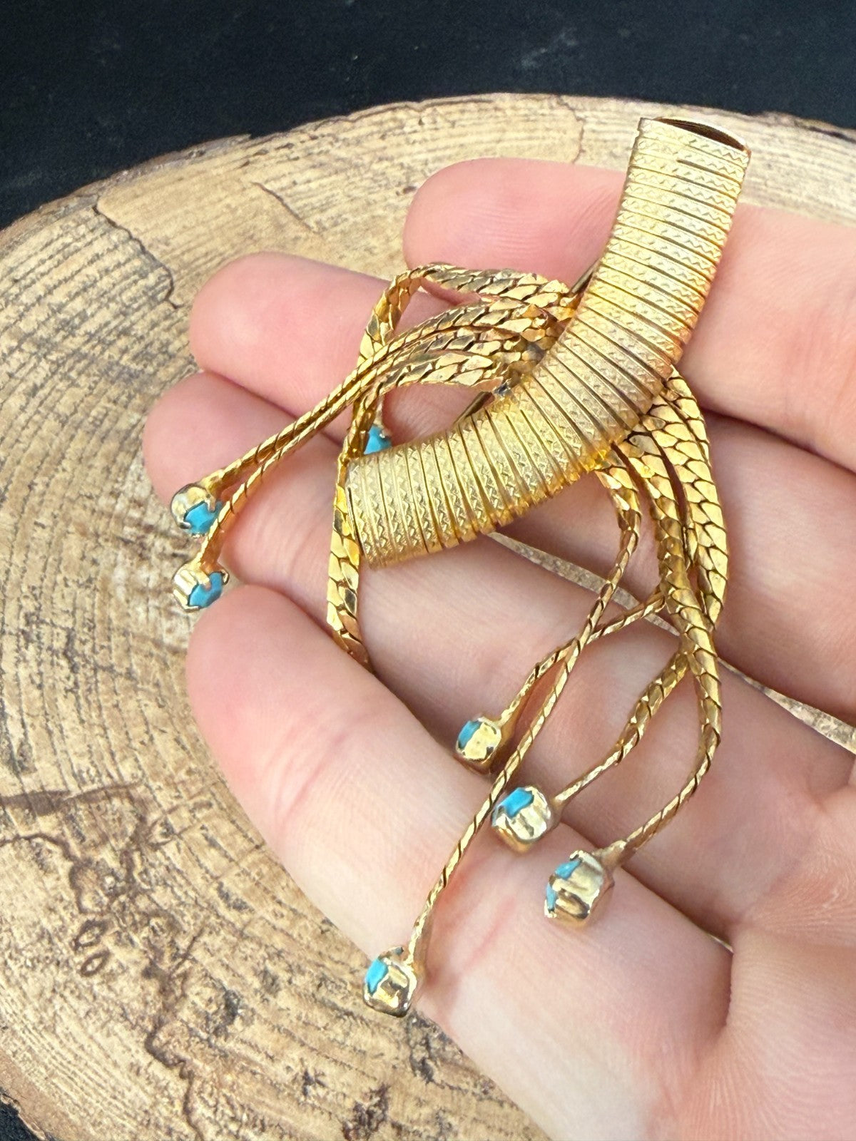Vintage Gold Tone Snake Chain Tassel Brooch Turquoise Glass Tipped Ends Pin