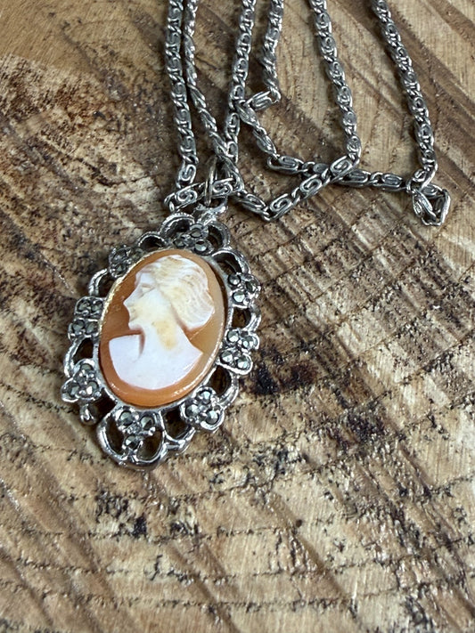 Vintage Silver Tone Shell Cameo Pendant Fancy Necklace Marcasite Openwork Frame