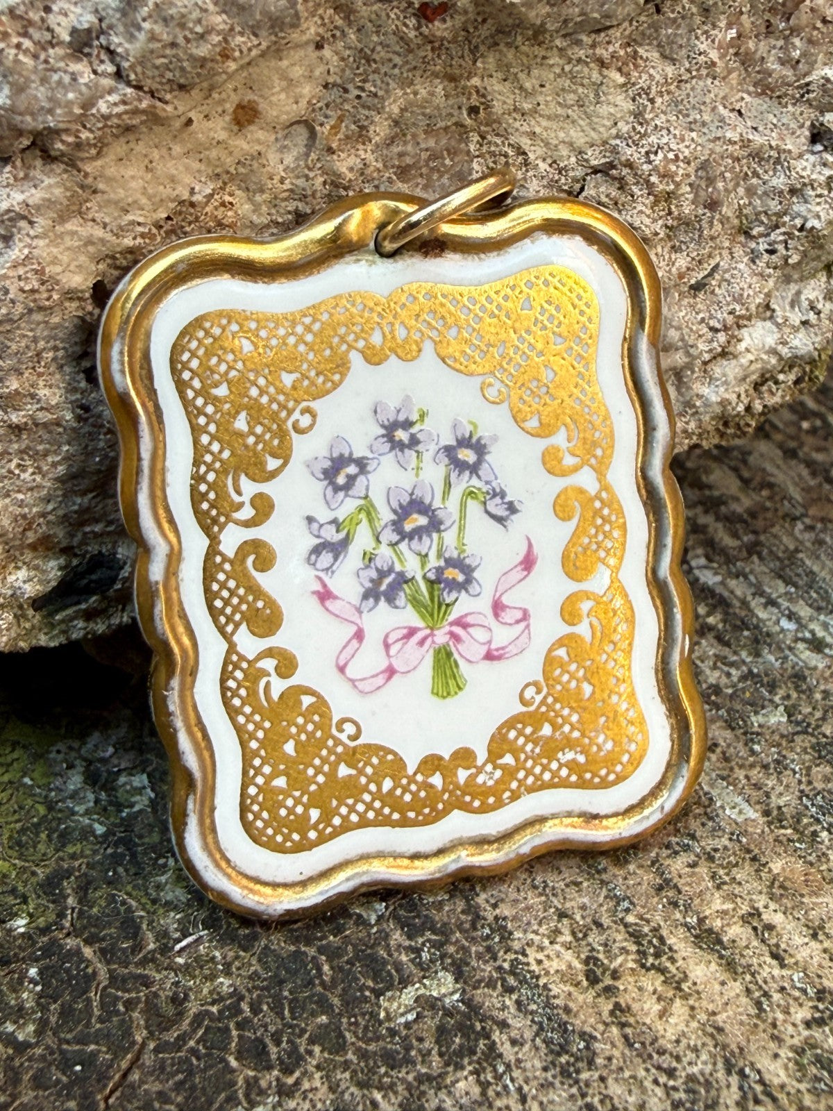 Franklin Mint 'Victorian Valentine' Pendant 24ct Gold Plated Porcelain Floral