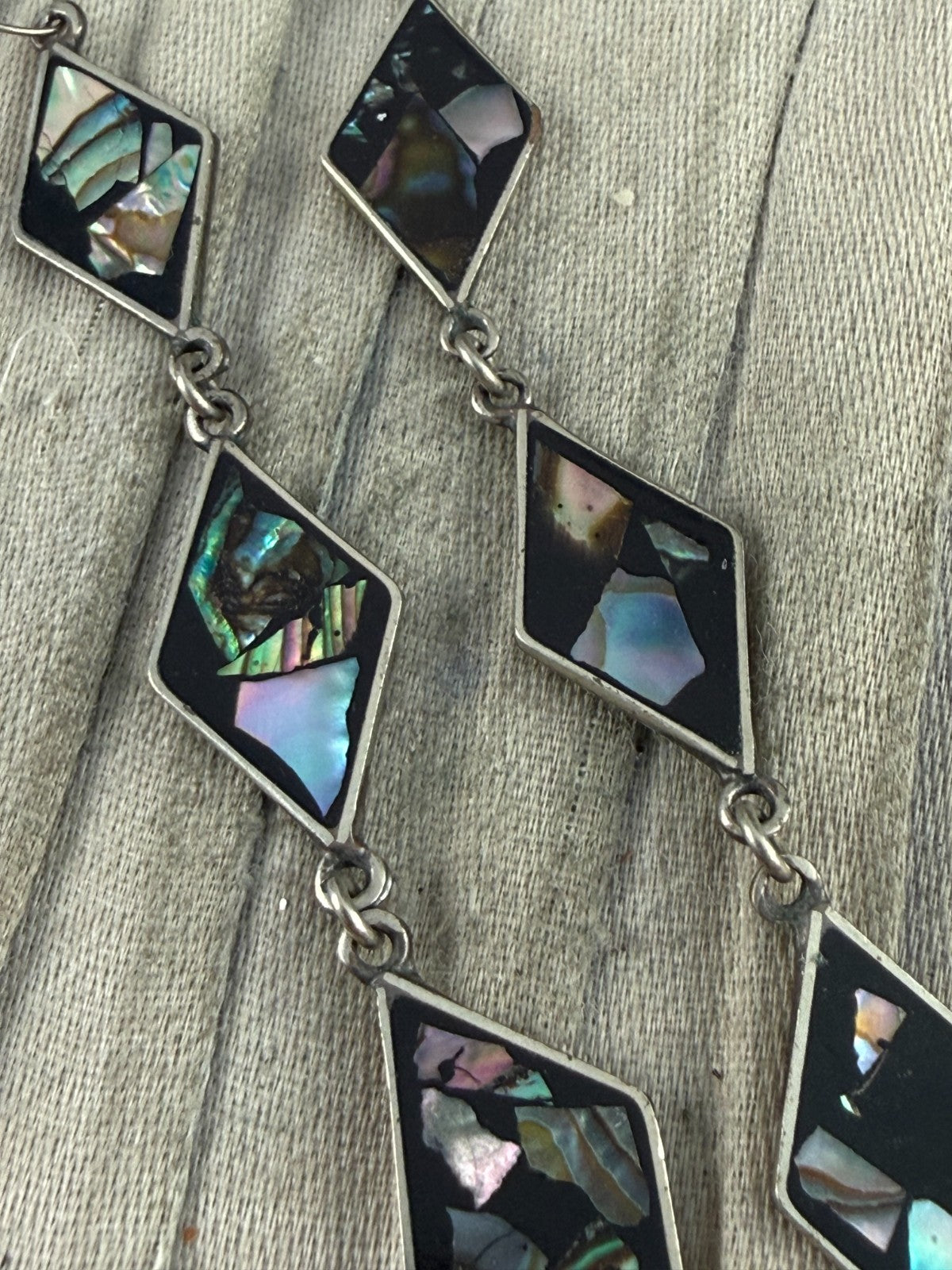 Vintage Silver Tone Abalone Shell Mosaic Drop Earrings Black Diamond Dangle