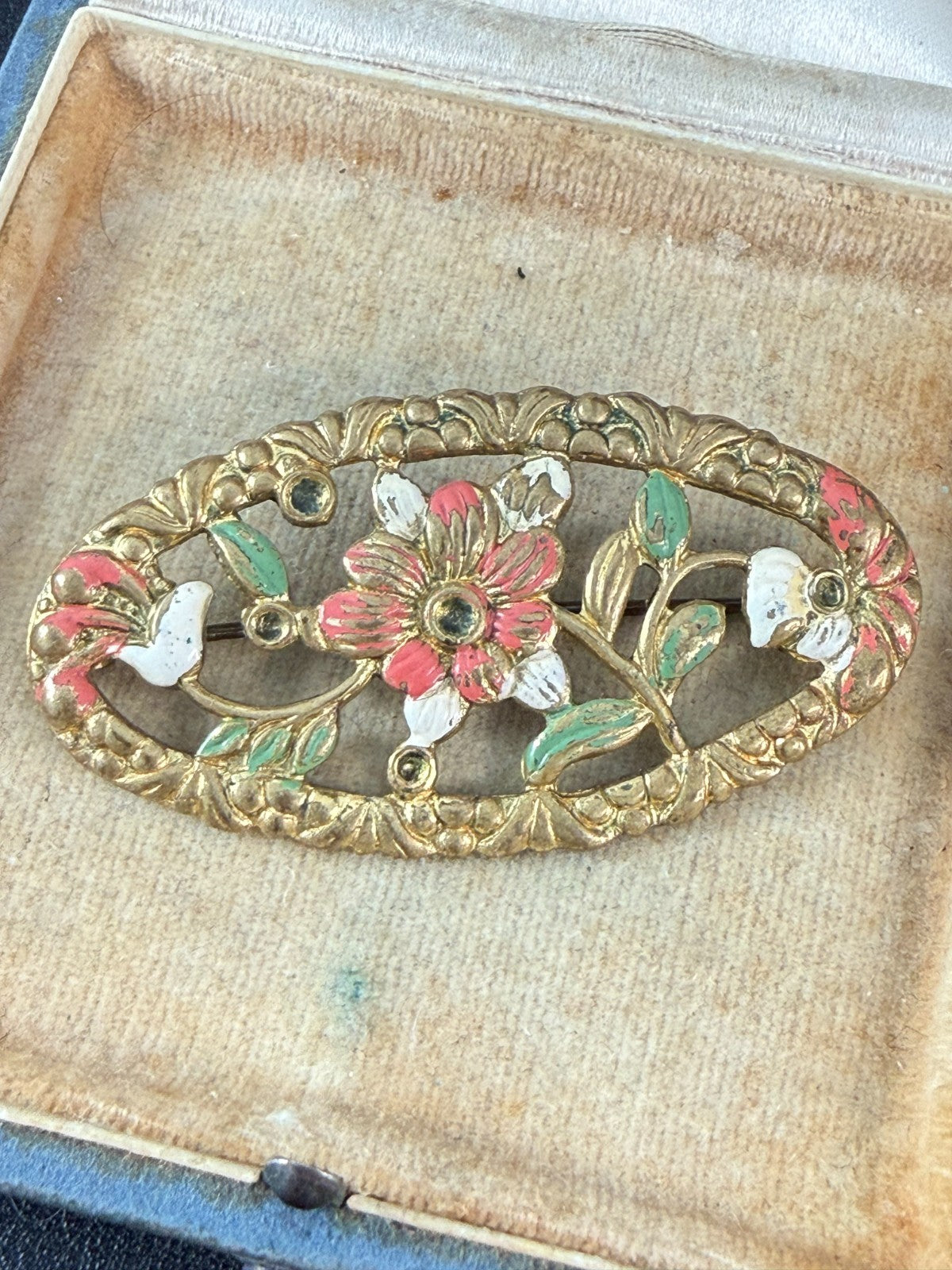 Vintage Art Deco Flower Brooch Gold Tone Oval Pin Brass Painted 1930s 1940s