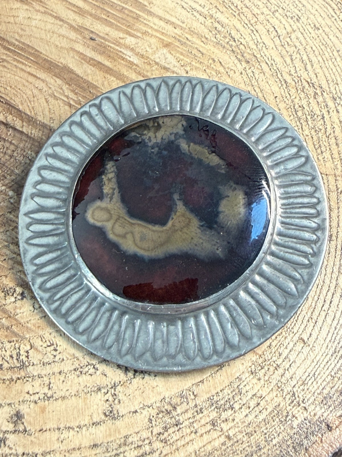 Vintage Ruskin Style Brooch Pin Arts & Crafts Glass Cabochon Large Silver Tone