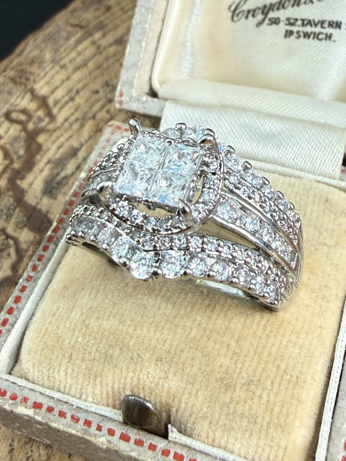 Sparkly Silver Tone Rhinestone Princess Cut Cluster Halo Bridal Ring Size U