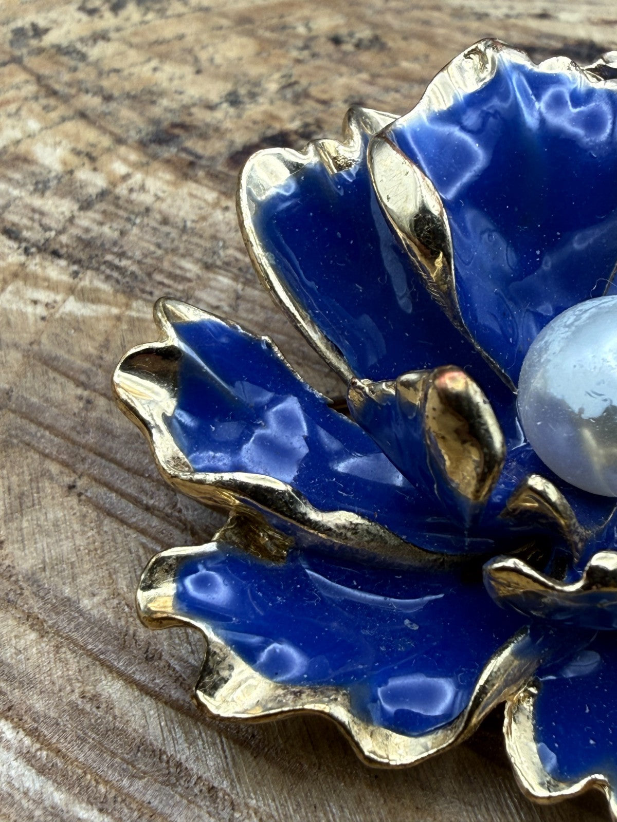 Vintage Blue Enamel Flower Brooch Ruffled Gold Tone Paeony Pin Faux Pearl