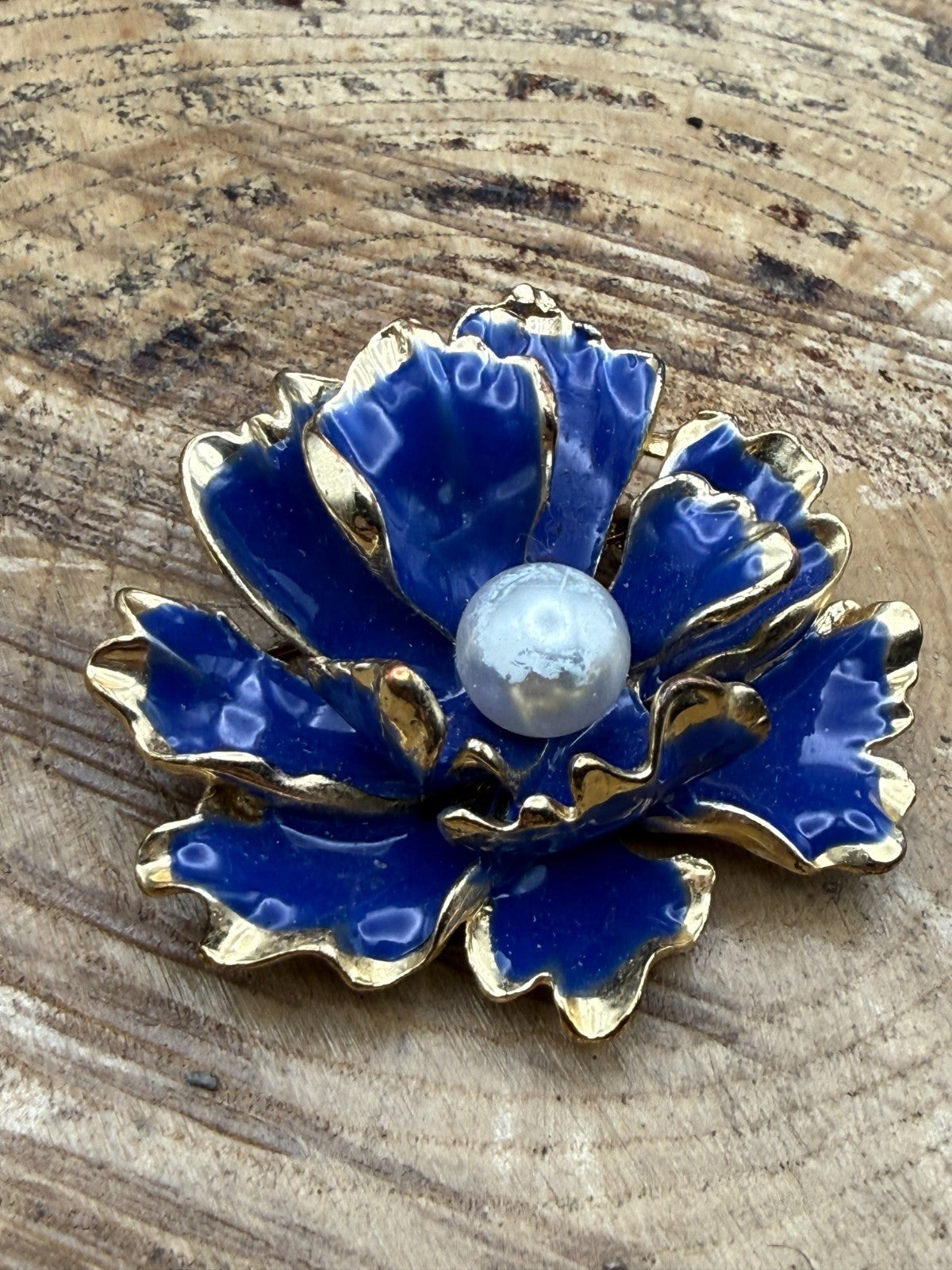 Vintage Blue Enamel Flower Brooch Ruffled Gold Tone Paeony Pin Faux Pearl