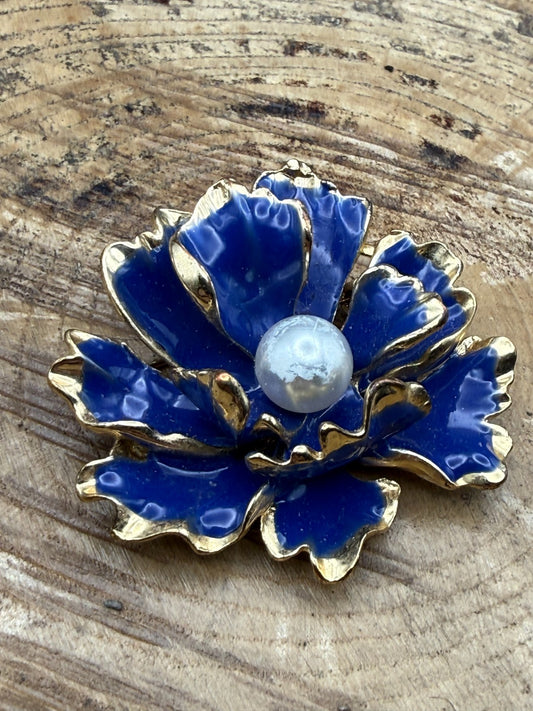 Vintage Blue Enamel Flower Brooch Ruffled Gold Tone Paeony Pin Faux Pearl