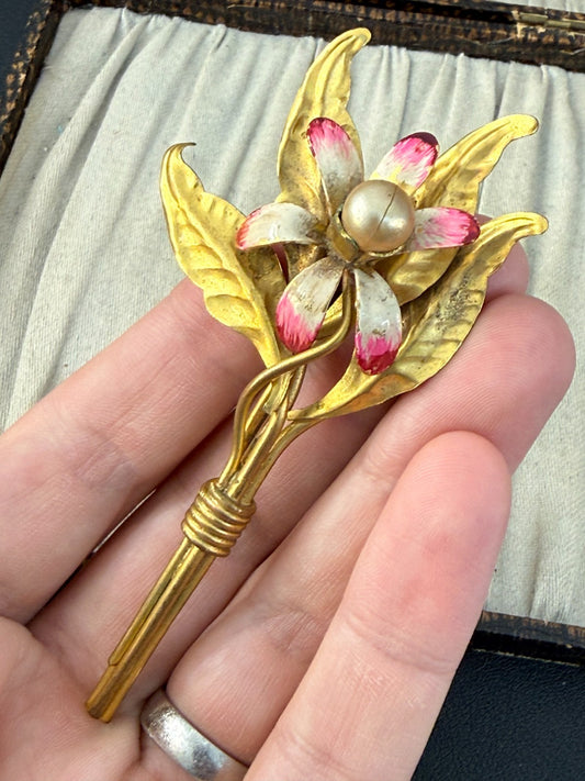 Vintage Orchid Spray Brooch Cold Painted Faux Pearl Floral Mid Century Gold Tone