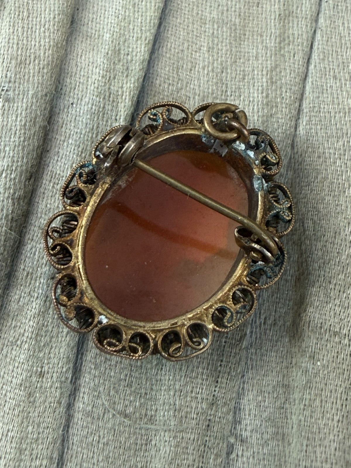 Vintage Shell Cameo Brooch Pendant Female Portrait Gold Tone Pin Mid Century