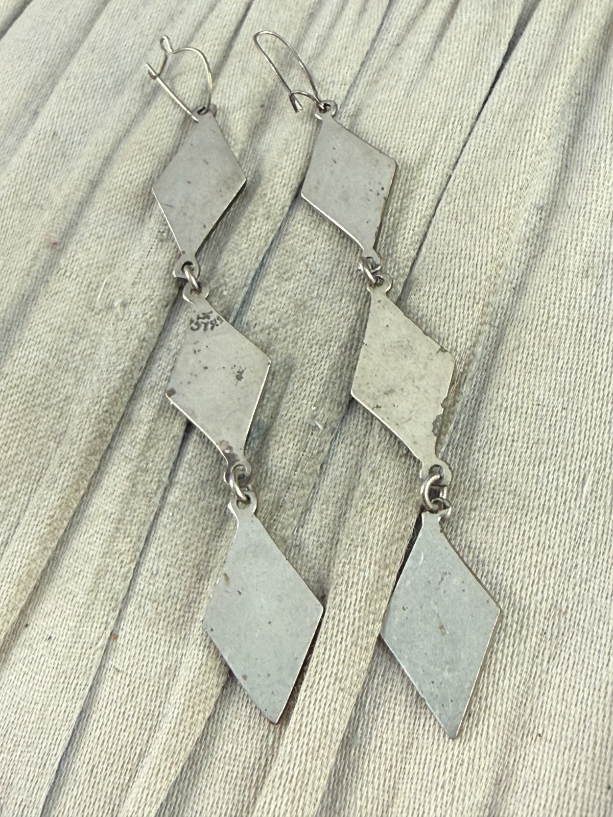 Vintage Silver Tone Abalone Shell Mosaic Drop Earrings Black Diamond Dangle