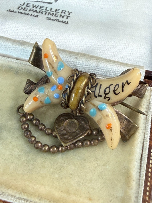 Antique Victorian Souvenir Sweetheart Brooch Alger Algeria Love Heart Pin