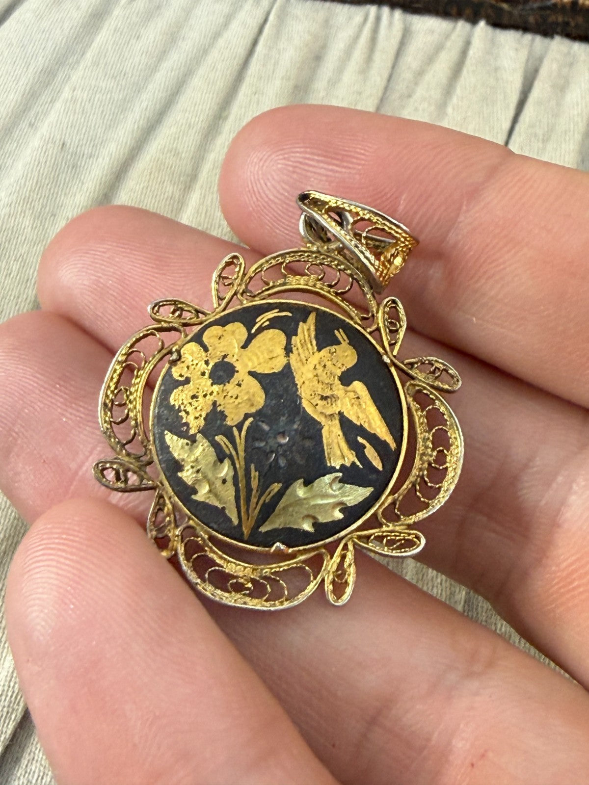 Vintage Damascene Pendant Gold Tone Filigree Bird Floral Spanish Toledo
