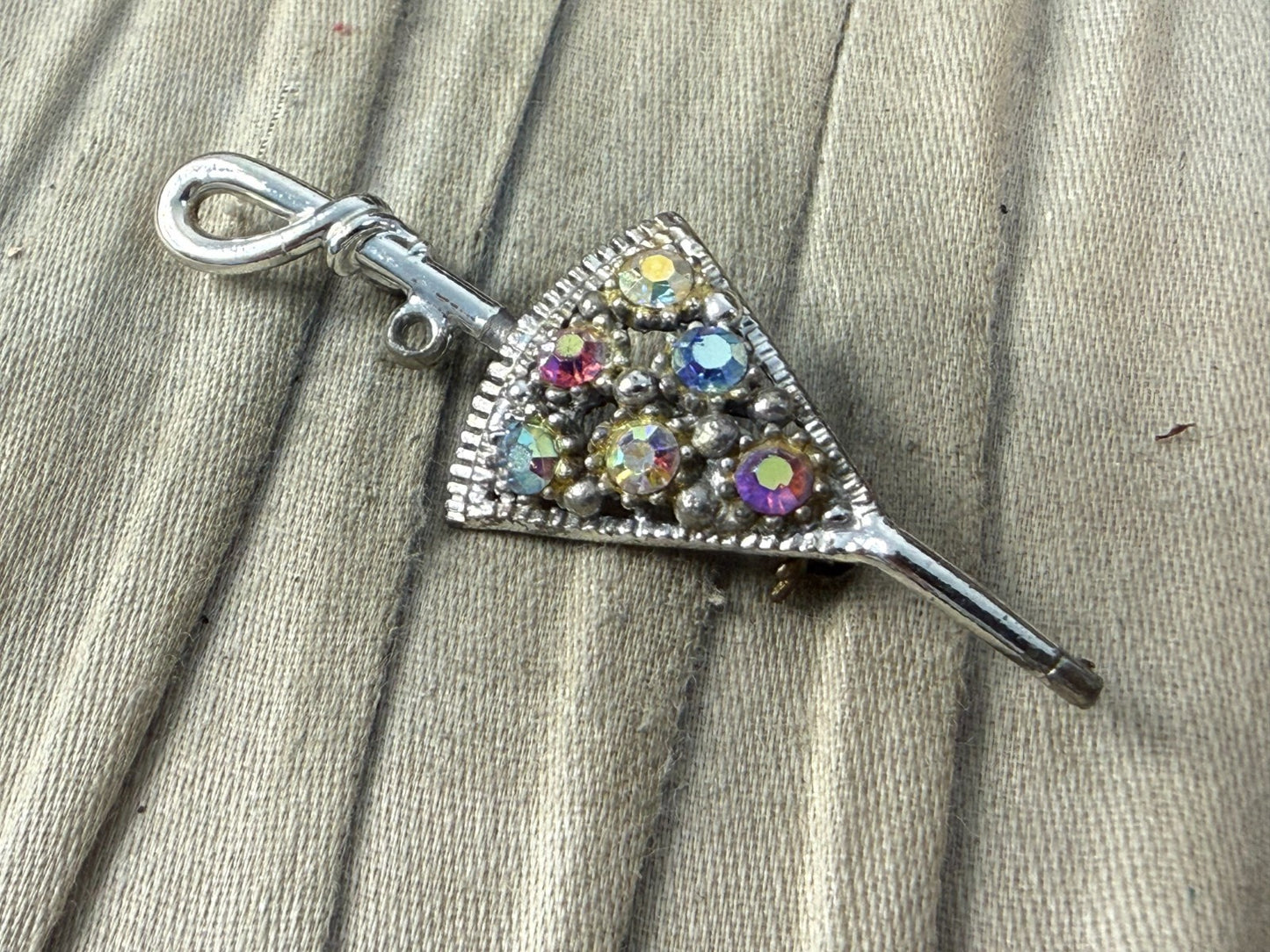 Vintage Silver Tone Umbrella Brooch AB Aurora Borealis Rhinestone Pin Kitsch