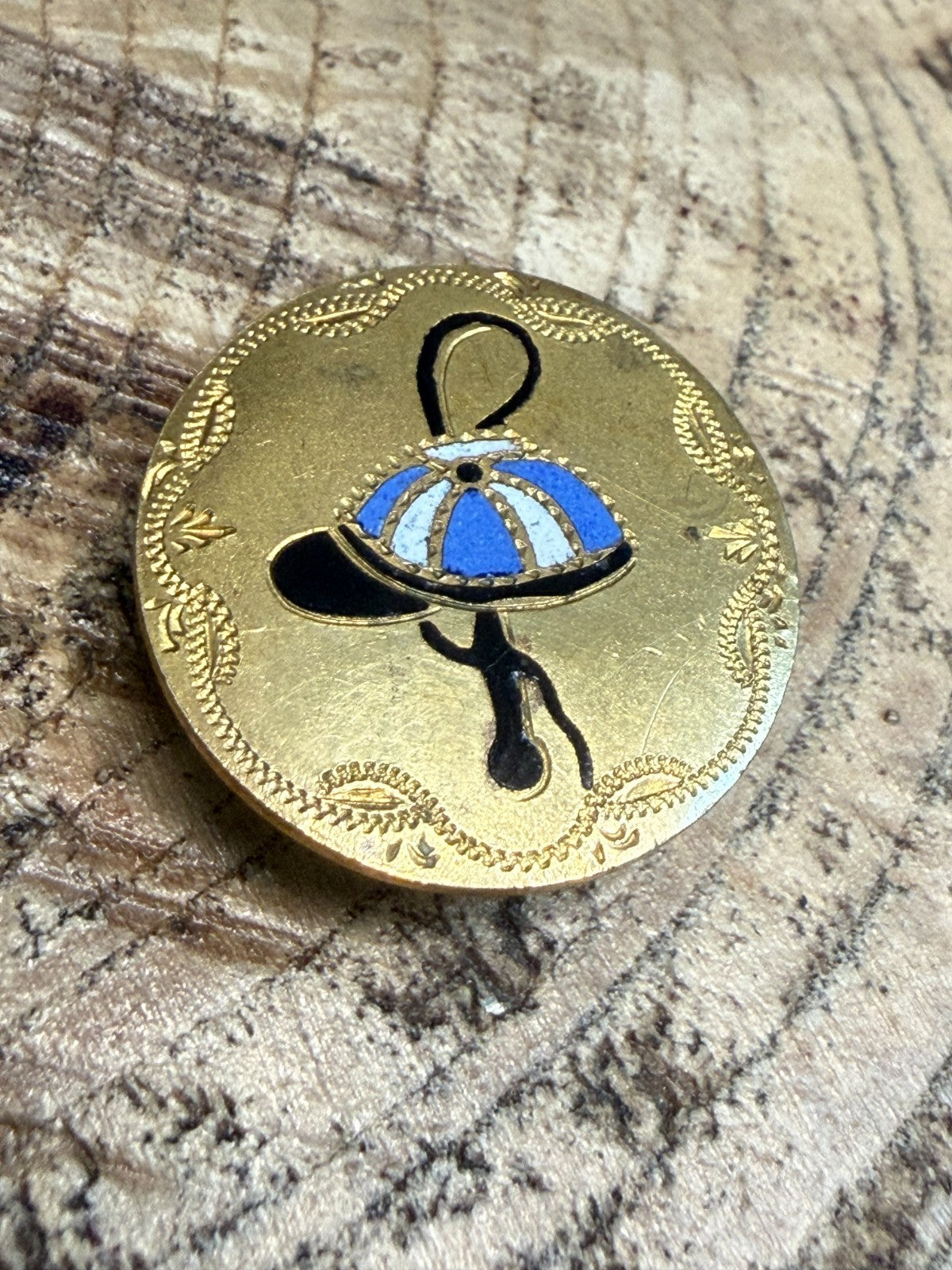 Antique Horse Racing Enamel Lapel Pin Jockey Cap Blue White Equestrian Whip