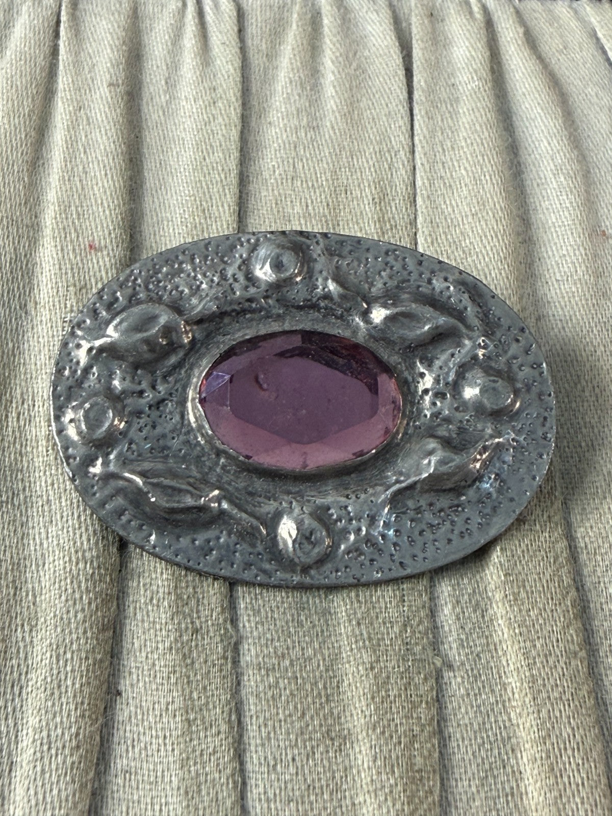 Vintage Ruskin Style Oval Brooch Arts & Crafts Pewter Purple Glass Oval Pin