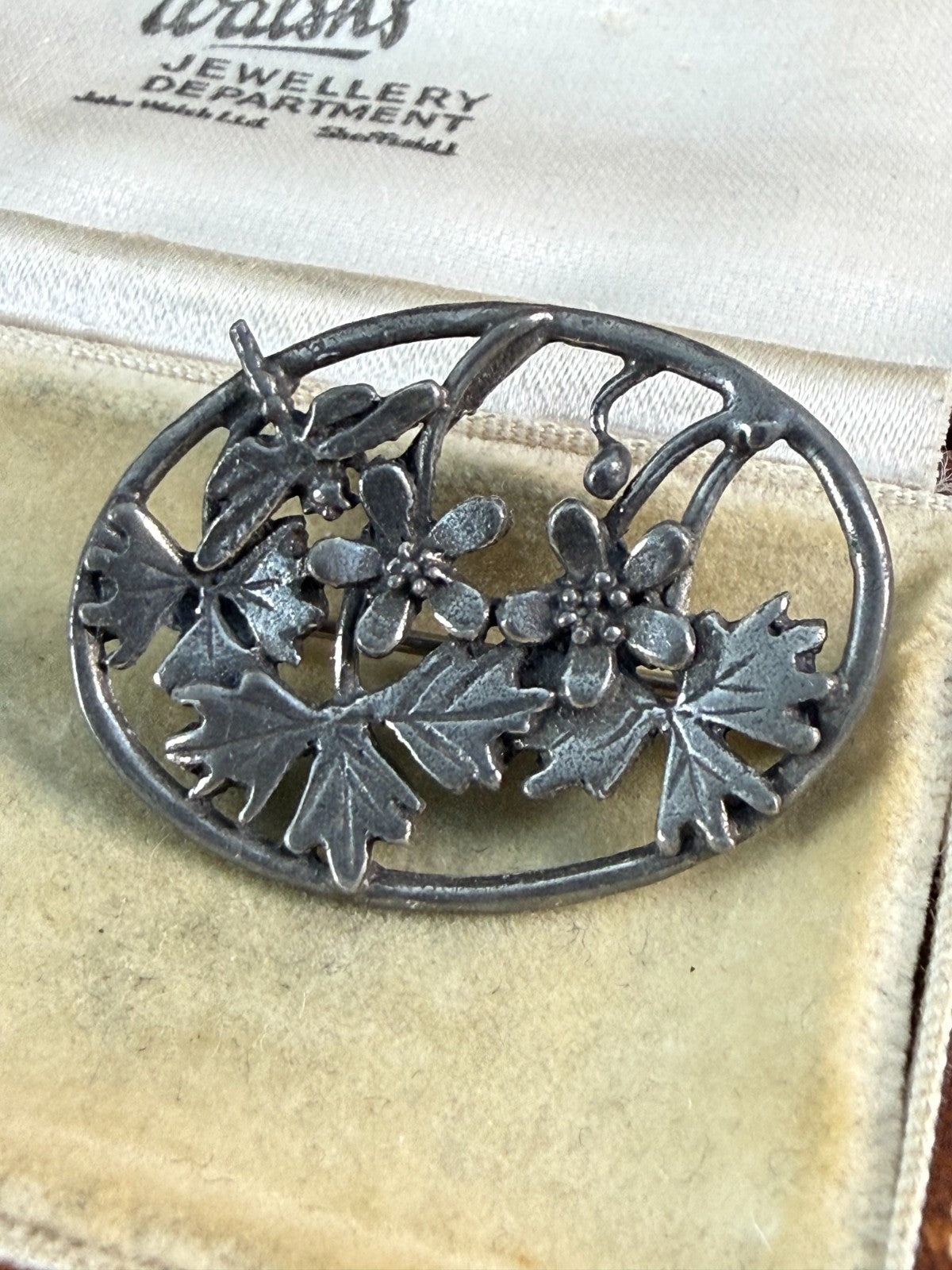 Vintage MASJ Silver Scenes Floral Brooch Pin Plated Pewter Oval Flower Geranium
