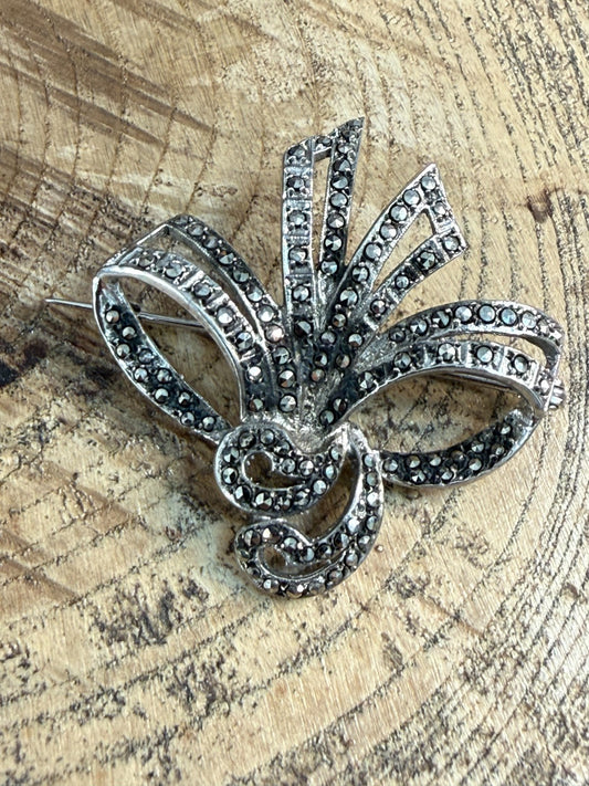 Vintage Silver Marcasite Brooch 1940s Retro Spray Geometric Fan Sparkly Pin