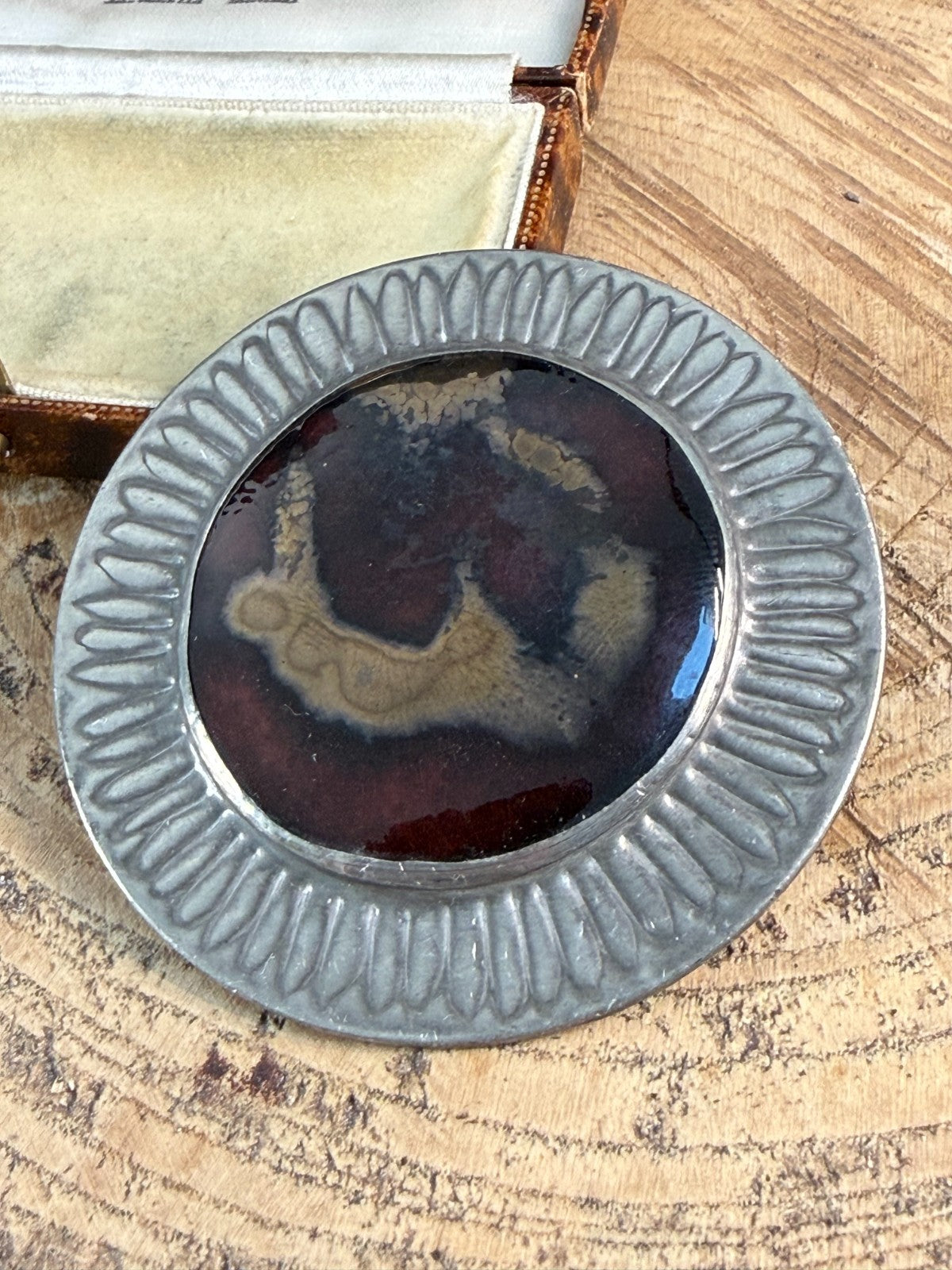 Vintage Ruskin Style Brooch Pin Arts & Crafts Glass Cabochon Large Silver Tone