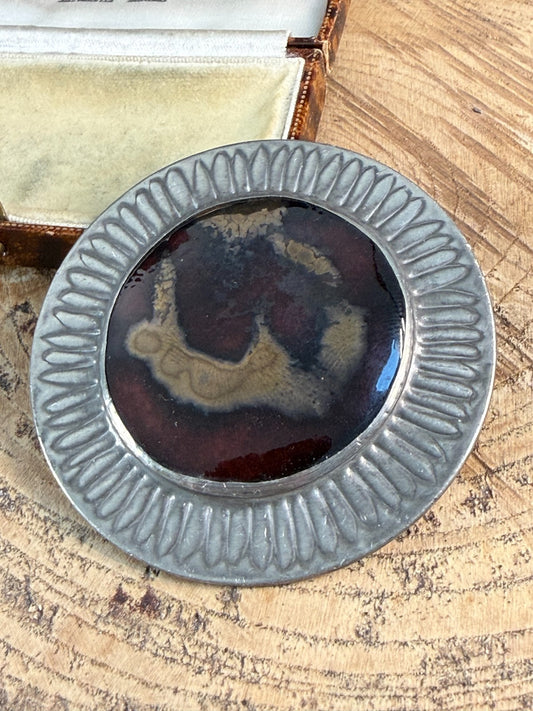 Vintage Ruskin Style Brooch Pin Arts & Crafts Glass Cabochon Large Silver Tone